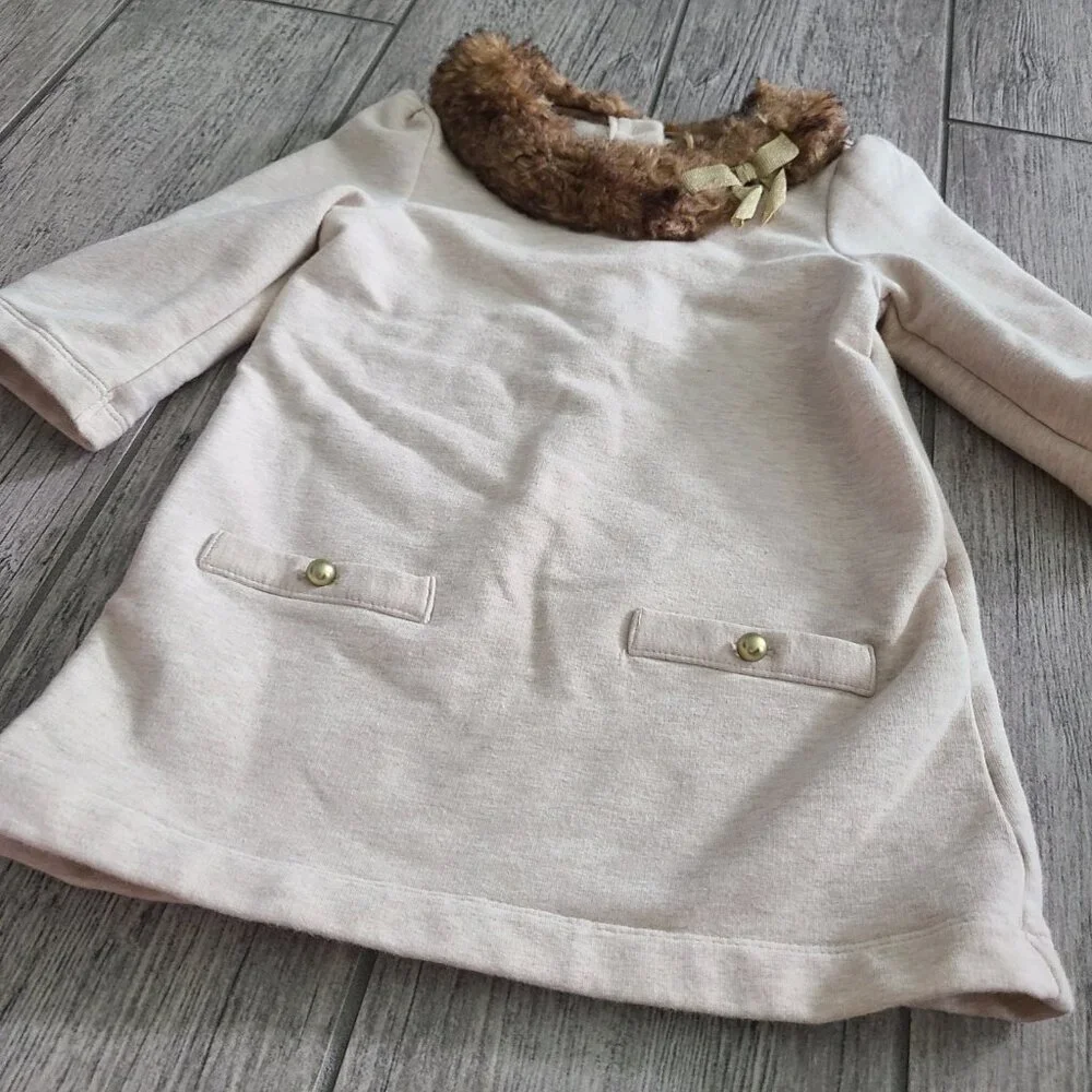 Janie and Jack Girls Faux Fur Collar Sweater Dress Beige Size 3